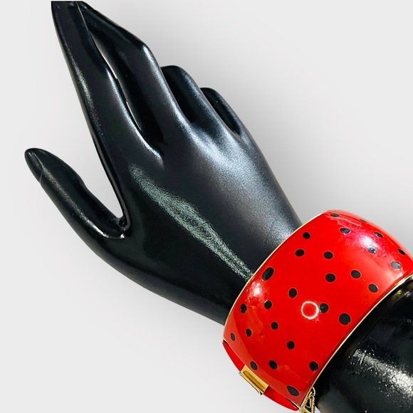 Huge Statement Vintage Red With Black Polka Dots Hinge Bangle Bracelet - Picture 3 of 10
